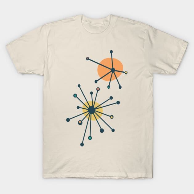 Mid Century Atomic Starburst Cream, Dark Teal T-Shirt by tramasdesign